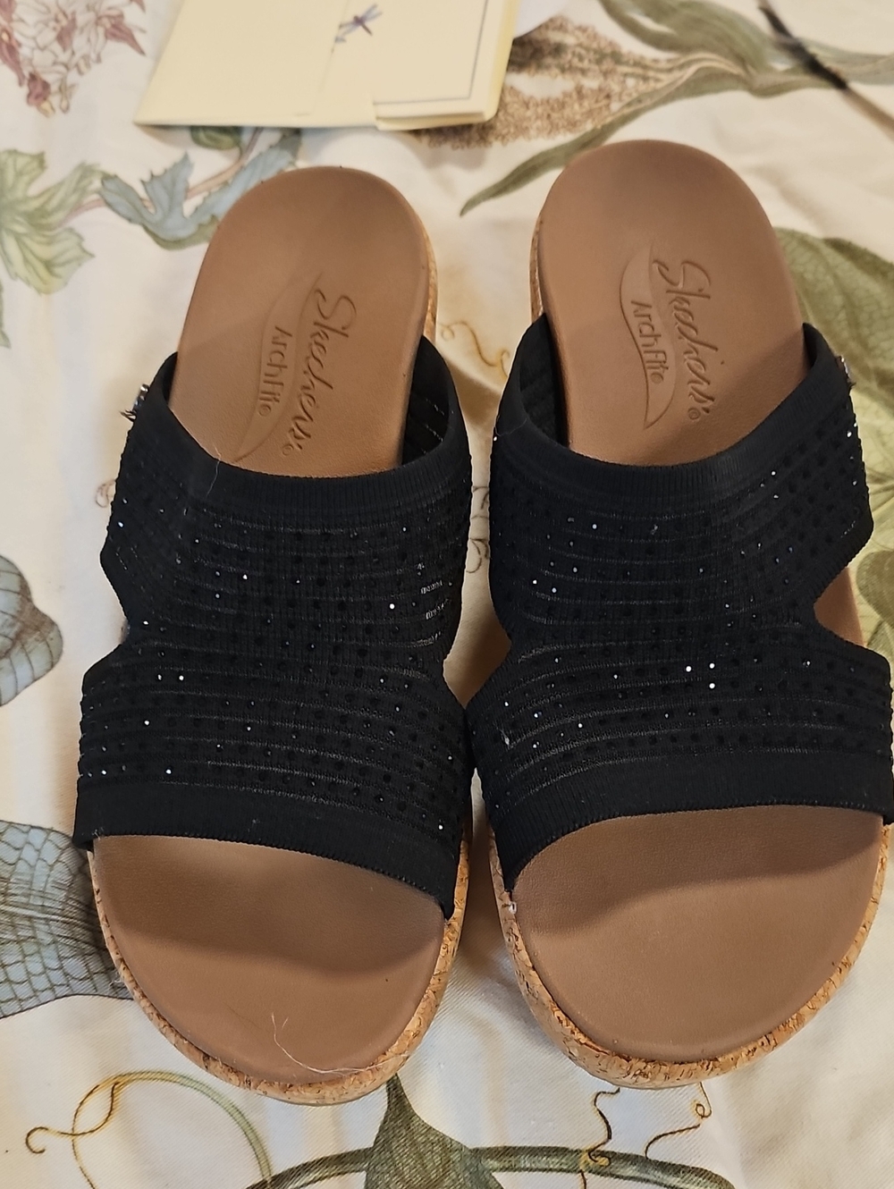 Skechers ArchFit Black Slip-On Cork Wedge Mules